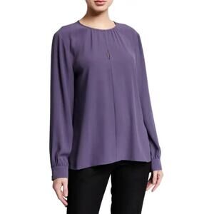 Eileen Fisher Slit Neck Purple Long Sleeve Georgette Silk Blouse size Medium New